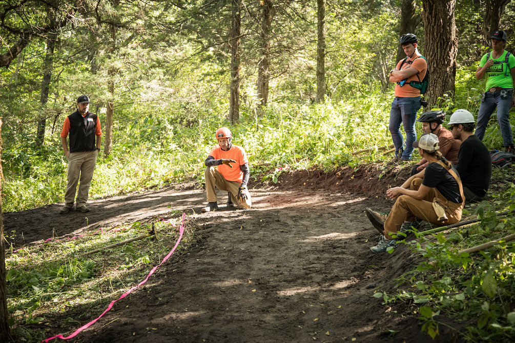 IMBA Trail Solutions Team Member, Joey Klein, teaching at an IMBA trail care school