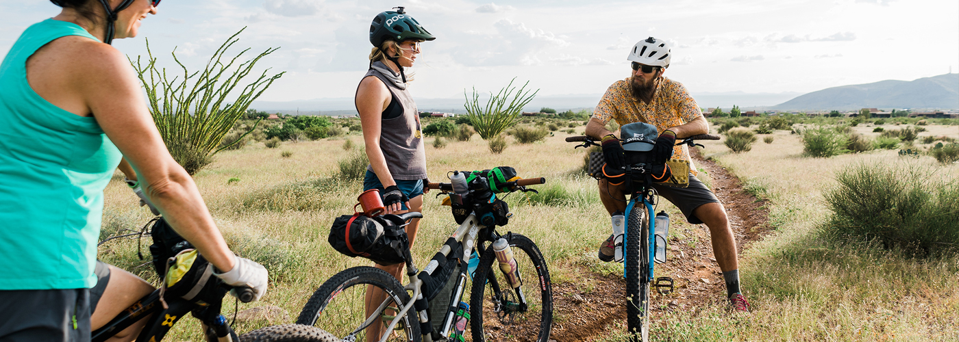Three bikepackers conversing in a desert landscape with open grass and ocotillo cacti