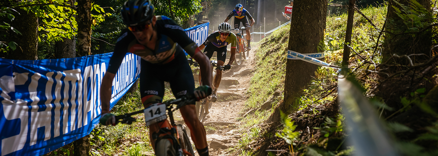 World Cup mountain bike racers navigate roots on dusty race course corridor