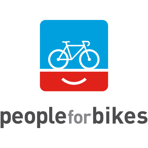 PeopleforBikes logo, blue bike with red stripe 