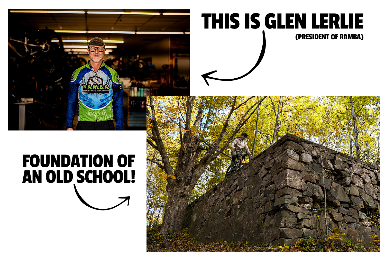 "One portrait of Glen Lehrie with his name and an arrow pointing toward him and a second photo of Brice riding on the edge of an old foundation with text that says 'This is an old school foundation.' with an arrow.""