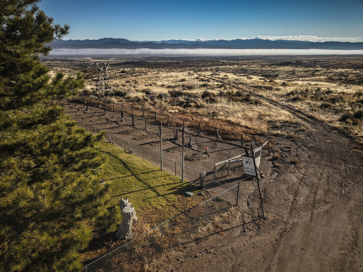 "Aerial view over Boot Hill Cemetery in Pioche, NV."