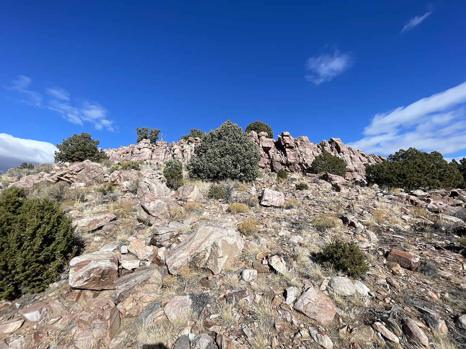 "Looking up at a small desert cliff face covered in red rock."