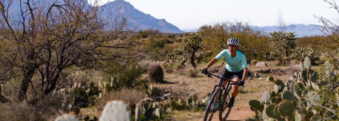 Mountain biking woman riding in desert near large cacti
