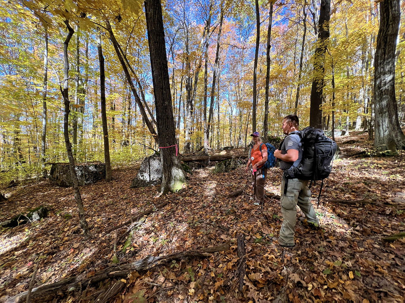 IMBA Trail Solutions Planner, Liz Grades flagging in Elkins West Virginia, awardees of IMBA's Trail Accelerator Grant.