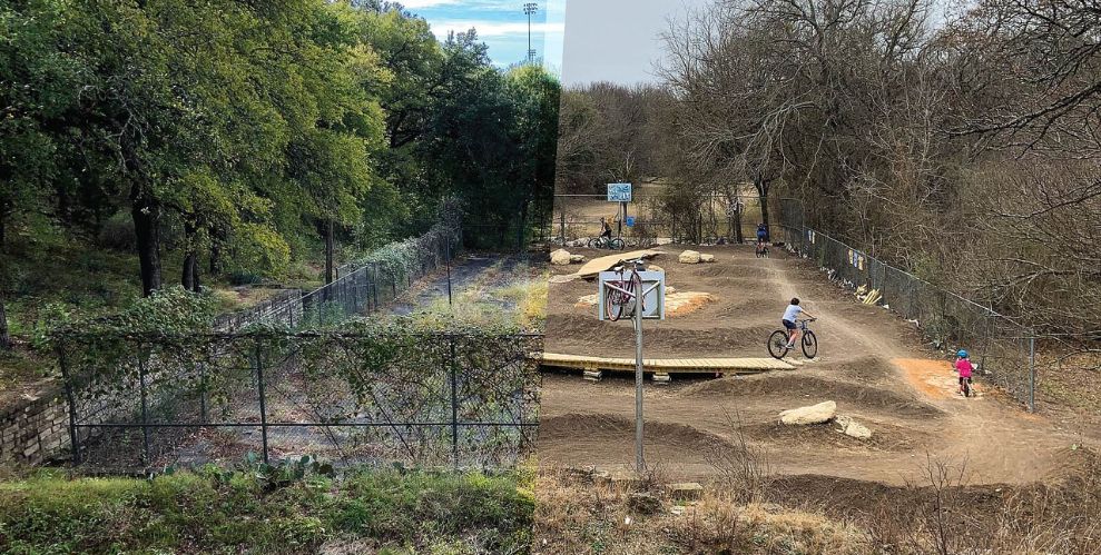 Before and after of "The Pit" in Weatherford, TX. Before, overgrown and unmaintained land. After, bike park with children riding bikes.
