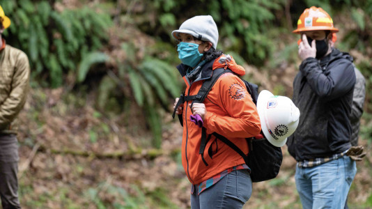 June Oberg at a trail work day in Oregon