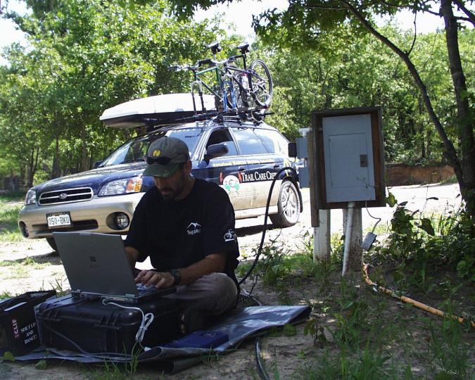 Rich Edwards, IMBA, TCC, Trail Care Crew, park, laptop, parking lot, Subaru, working remote