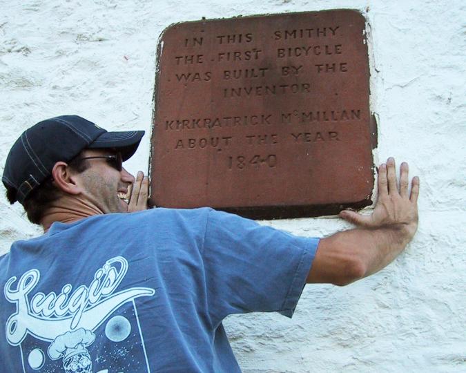 Scottish Borders, IMBA, Rich Edwards, white brick wall, plaque, first bicycle plaque, Kirkpartrick McMillan, 1840