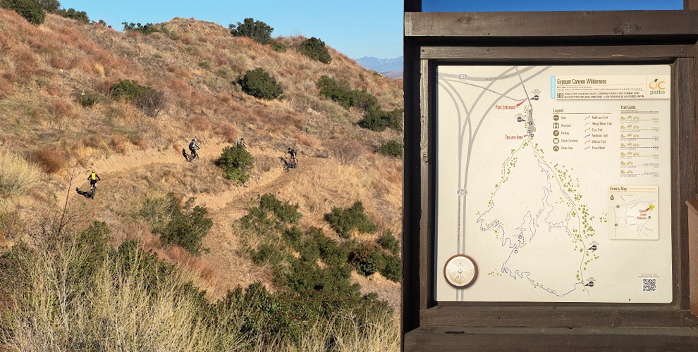 In the Irvine Open Space area of Orange County, CA, three mountain bikers ride down the switchbacking dirt singletrack. 