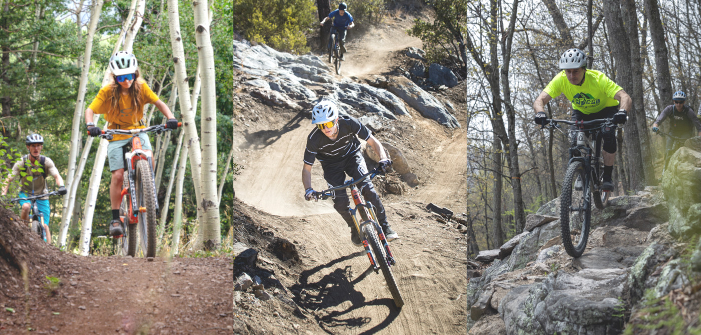 Three seperate mountain bike riders on different terrain of IMBA Trail Solutions trail builds. 