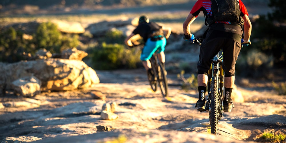 Two people riding mountain bikes on a trail