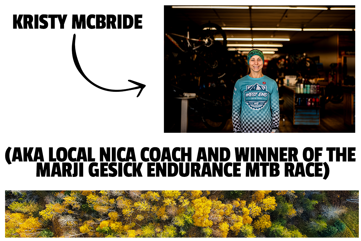"One portrait of Kristy McBride with her name and an arrow pointing toward him and a second photo of an aerial of Autumn trees. Additional text also says 'Aka course record holder of the Marji Gessick endurance mountain bike race. .""
