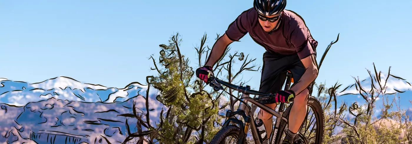 man rides mountain bike near a mountainous backdrop; image incorporates elements of illustration