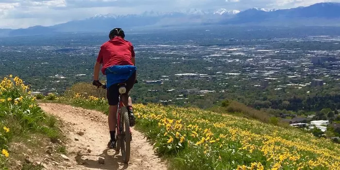 Mountain biker riding along BST with mountains in the distance.