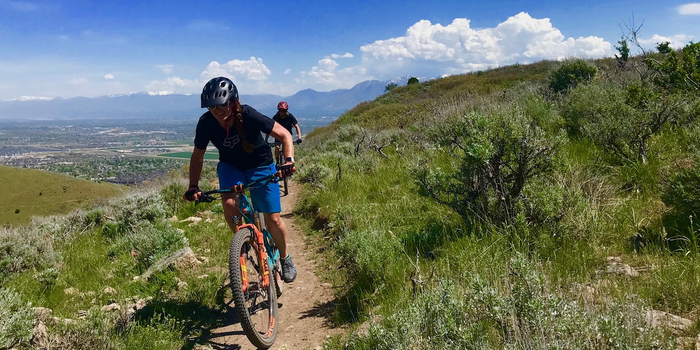 Two people riding mountain bikes on the bst