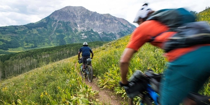 Two bikepackers ride a trail lined with wildflowers toward a mountain above treeline