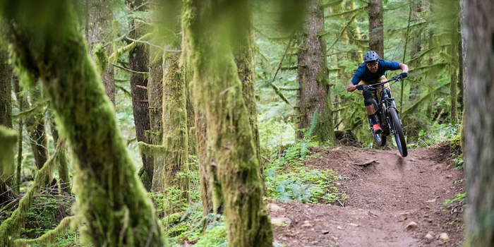 Person riding mountain bike on IMBA Trail Solutions built trail