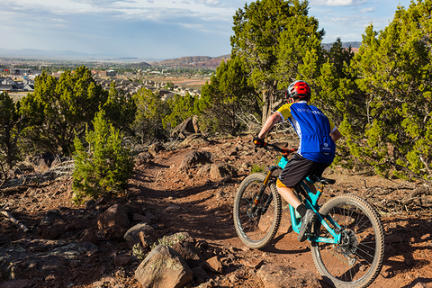 A young mountain biker riding in a high desert environment.