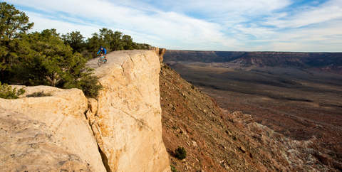 A mountain biker rides on southwestern single track in a desert environment.|