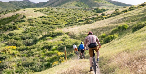 Three mountain bikers ride into the distance on singletrack near Pocatello, Idaho.