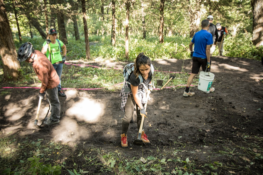 Volunteers at a Trail Care School in Omaha, building sustainable trail. 