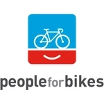 PeopleforBikes logo, blue bike with red stripe. Kind of looks like a smiley face.
